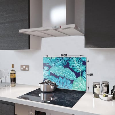 Blauwe Tropische Bladeren Tempered GlasSpatbescherming Voor Achter de Kookplaat 40cm x 60cm
