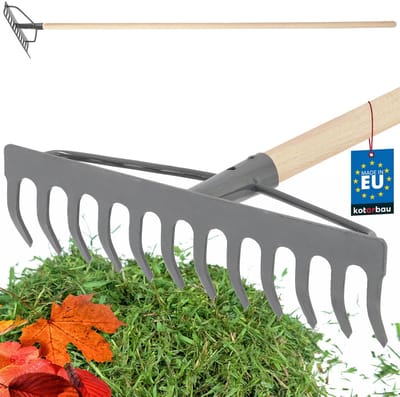 KOTARBAU® Tuinhark, Gazonhark, Bladhark, Metaal, 31 cm, Grijs & Naturel, Tuinhark voor Gazon, Met Houten Steel, 12 Tanden, Stevige Hark, Waaierbezem, Robuust Tuingereedschap
