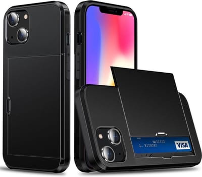 Hoesje met Kaarthouder Slider Geschikt voor Apple iPhone 14 | Pasjeshouder Achterkant | Kaarthouder voor twee á drie pasjes | Zwart