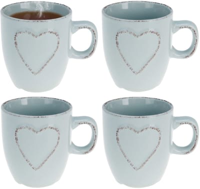 Siaki Koffiemokken set Heart - 4x - lichtblauw - 150 ml - mokken - met tekst - keramiek - giftset