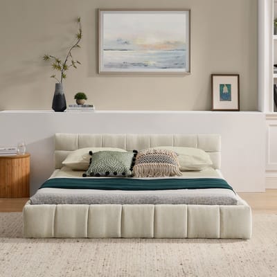 Wishdor – Tweepersoonsbed 140x200 cm – Chenille Bekleding & Vierkante Stiknaden – Scandinavisch Design – Beige – 300 kg