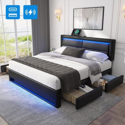 Sweiko Tweepersoonsbed - 140 x 190 cm - USB-poort - LED-verlichting - 4 lades - Zonder matras - Zwart