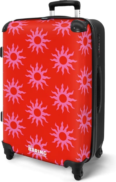 NoBoringSuitcases.com® - Koffer reizen groot - Rode rolkoffer lichtgewicht - Reiskoffer op 4 wielen met roze zonnetjes - Vrouwen - Valies grote trolley XL - 20 kg bagage
