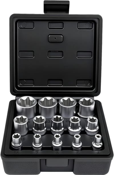 Dailygoods- Dopsleutelset 14-delig - E-Torx - Chroom-vanadium-staal - Aandrijvingsgrootte 1/4" 3/8" 1/2" - Harde kunststof koffer - Onmisbaar voor onderhoud