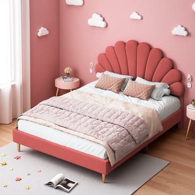 Gestoffeerd bed met bloemvormig hoofdeinde en lattenbodem, tweepersoonsbed van 140x200 cm in fluwelen stof, rood, exclusief matras