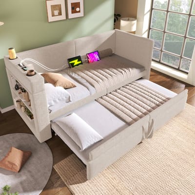 MODFU Daybed 90x200 cm – katoen-linnen beige – met uitschuifbed, USB/Type-C, bekerhouders en zijvakken – flexibel