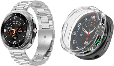 Strap-it Stalen schakel band Zilver + Soft case hoesje TPU Transparant – geschikt voor Samsung Galaxy Watch 8 44mm – luxe & optimale bescherming