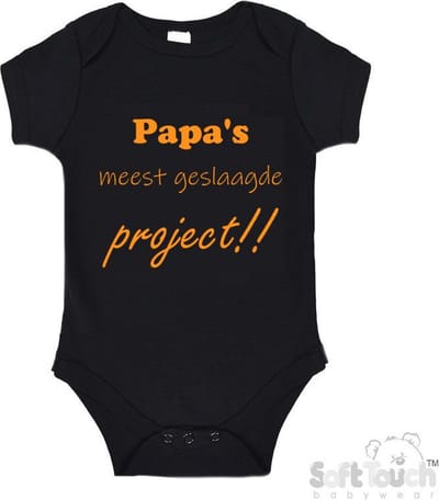 100@ katoenen Romper "Papa's meest geslaagde project" Unisex Katoen Zwart/mosterd Maat 56/62