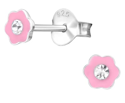 Joy|S - Zilveren bloem oorbellen - 5 mm - roze - oorknopjes voor kinderen - met kristal