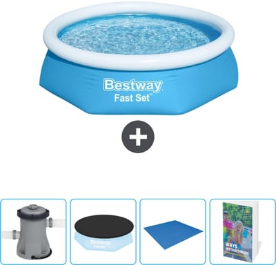 Bestway Rond Opblaasbaar Fast Set Zwembad - 244 x 61 cm - Blauw - Inclusief Pomp Afdekzeil - Grondzeil - Zwembadgids