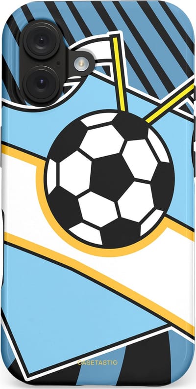 Casetastic hoesje geschikt voor Apple iPhone 16 - MagSafe - Dubbellaagse bescherming - Kampioensbal - Fashion Case - Lichtblauw Zwart Wit