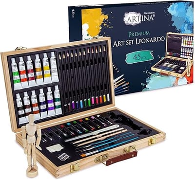 Artina 45-delige Schilderset Leonardo - Tekenset in Houten Schilderkoffer met Kleurpotloden, Acryl Verf, Pastelverf, Penselen en Ledenpop - Potlodenset voor Beginners & Hobbyschilders