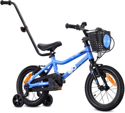 Sun Baby Kinderfiets 14 Inch LOOFI, Fiets voor Jongen 3-5 Jaar, 6.6 kg, aluminium frame, met zijwieltjes, mandje, bel, stickers - Blauw