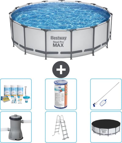 Bestway Rond Steel Pro MAX Zwembad - 457 x 122 cm - Grijs - Inclusief Pomp - Ladder - Afdekzeil Onderhoudspakket - Filter - Schoonmaakset