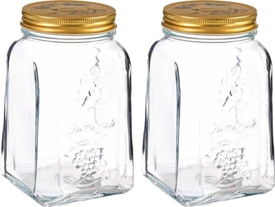 Pasabahce Voorraadpot/bewaarpot Square - 2x - glas - 1L - transparant/goud - D10 x H17 cm - voedsel bewaren