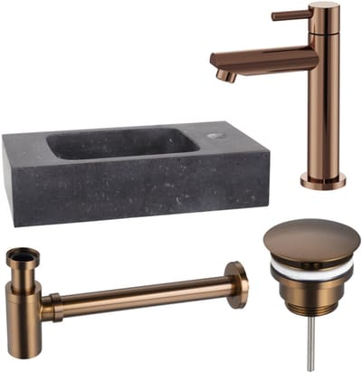 FugaFlow Eccelente Pietra fonteinset - 40x22x9cm - 1 kraangat - natuursteen - fonteinkraan koper - zwart