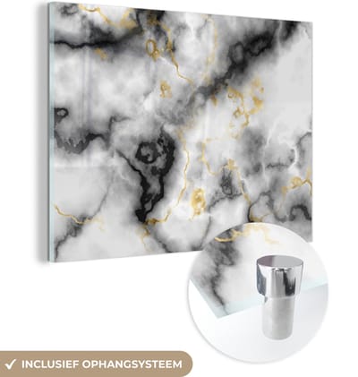 MuchoWow® Glasschilderij 120x90 cm - Schilderij acrylglas - Agaat - Goud - Marmer - Edelstenen - Foto op glas - Schilderijen
