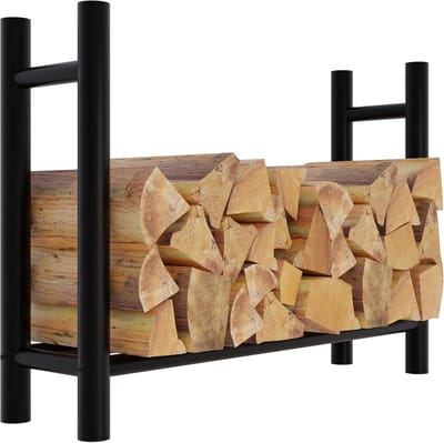 Brandhout Rek - Haardhout Opslag - Buitenhaard Accessoire - Robuust Metaal Ontwerp - 100x80x30cm - Zwart Rond