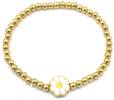 Armbandje - elastiek - bedel - bloem - goudkleurig - geel - wit - klaver - tijdloos - hip - chique - feest - outfit - unisex - dames - heren