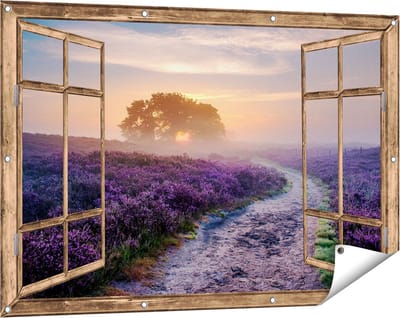 Gards Tuinposter Doorkijk Pad in de Weide van de Veluwe - 120x80 cm - Tuindoek - Tuindecoratie - Wanddecoratie buiten - Tuinschilderij