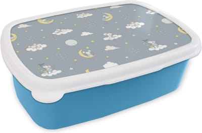Broodtrommel Blauw - Lunchbox - Brooddoos - Muis - Maan - Patronen - 18x12x6 cm - Kinderen - Jongen