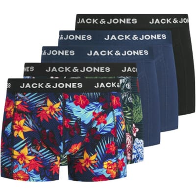 Jack & Jones Heren Boxershorts Effen Trunks JACOZZIE 5-Pack Donkerblauw/Zwart Gebloemd/Effen - Maat L