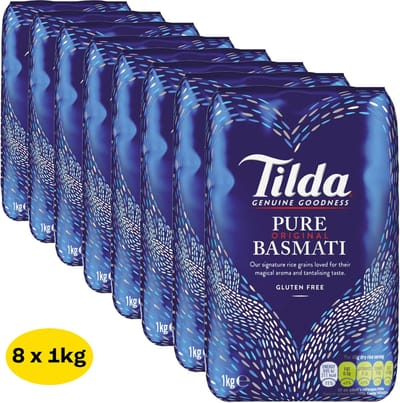 Tilda Pure Original Basmati Rijst - 8 x 1000 Gram Multi Voordeelverpakking Basmatirijst - Rijstkorrels met Aroma en lichte Textuur - Afkomstig uit de Himalaya - Vegetarisch - Glutenvrij