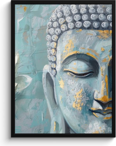 Poster in lijst - Fotolijst 60x80 cm - Posters - Boeddha - Bloem - Lotus - Goud - Blauw - Posterlijst zwart - Decoratie - Wanddecoratie woonkamer - Muurdecoratie slaapkamer