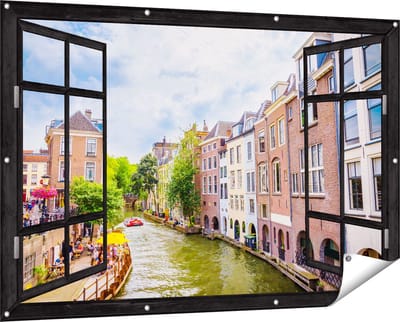 Gards Tuinposter Doorkijk Huizen aan de Oudegracht in Utrecht - 150x100 cm - Tuindoek - Tuindecoratie - Wanddecoratie buiten - Tuinschilderij