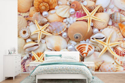 Behang - Fotobehang Schelpen - Parels - Zeesterren - Strand - Breedte 360 cm x hoogte 240 cm