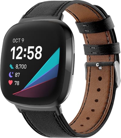 By Qubix - Compatible Fitbit bandje - geschikt voor Fitbit Versa 3/4 & Sense 1/2 leren bandje - Zwart Smartwatchbandje bandje Armband Polsband Strap Band Watchband