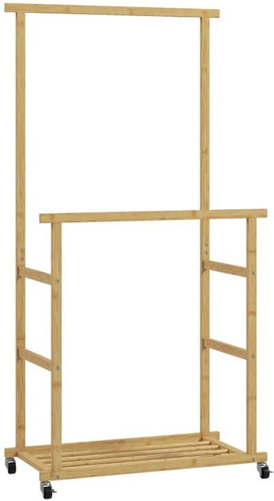 Clruro Kledingrek - 80 x 40 x 160 cm - Kapstok met Schoenenrek en Wielen - Bamboe - Naturel