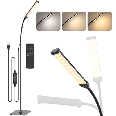 Rosnek Modern Vloerlamp Zwart met Afstandsbediening - 360° Flexibele Nek - Hoogte Verstelbaar - Staande Lamp Dimbaar met Timer & Slaapmodus - voor Woonkamer Kantoor Slaapkamer