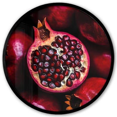 Poster in lijst Rond - Fotolijst 40x40 cm - Posters - Granaatappel - Rood - Fruit - Ronde posterlijst zwart - Decoratie - Wanddecoratie woonkamer - Muurdecoratie slaapkamer