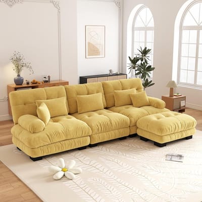 3-Zits Bank, L-Bank, Luxe Modulaire Hoekbank - Extra Grote L-vormige 'cloud' Bank voor de Woonkamer, Diepe Slaapbank met Voetenbank, Hoekslaapbank, Corduroy, Chenille Bruin, Comfortabele Woonbank-Geel