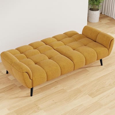 Slaapbank 195x79x83 cm - 3-in-1 Futon Sofa Bed met Verstelbare Rugleuningen - Linnen 2-Zits Bank Uitklapbaar Logeerbed - Geel - Vermissen
