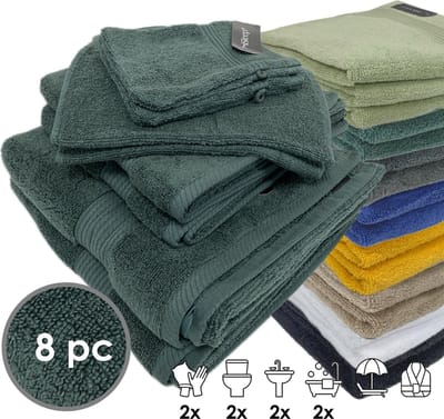 iSleep Terry Badtextiel - Voordeelset (8 delig) - 2x Washandje 12x22 cm - 2x Gastendoekje 30x50 cm - 2x Handdoek 60x110 cm - 2x Badlaken 70x140 - Donker Groen