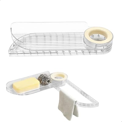 Afdruiprek voor de spoelbak van roestvrij staal, zonder boren, ideaal voor keuken, compact en praktisch, 28,5 x 8,5 cm, wit en transparant