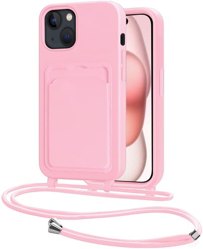 Hoes Geschikt voor iPhone 15 Plus Hoesje Pasjeshouder Cover Met Koord Case Siliconen Hoes Met Telefoonkoord en Kaarthouder - Lichtroze