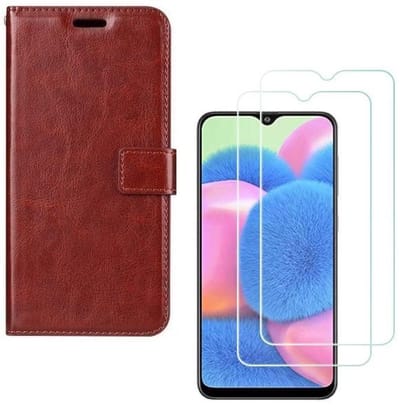 hoesje Geschikt voor: Samsung Galaxy A30S Portemonnee bruin met 2 stuks Glas Screen protector