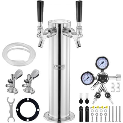 VEVOR Kegerator-torenset, Bierombouwset met Twee Kranen, Roestvrijstalen Biertorendispenser met Dubbele Meter W21.8-regelaar en A-systeem Keg-koppeling, Bierlekbak voor Thuisfeesten