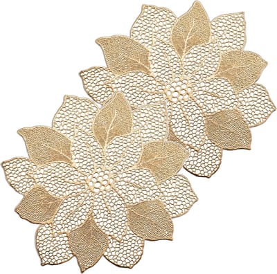 Zeller tafel placemats bloemen vorm - 4x - kunststof - 49 x 47 cm - goud - onderleggers