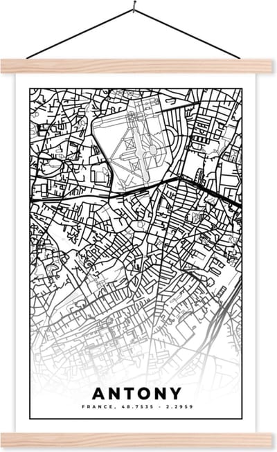 Posterhanger incl. Poster 40x60 cm - Schoolplaat - Stadskaart - Antony - Frankrijk - Kaart - Plattegrond - Zwart wit - Textielposter - Blanke latten - Stadskaart