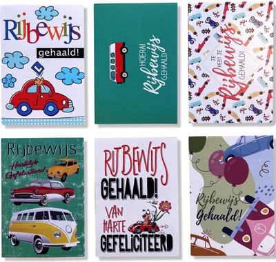 Cards & Crafts 6 Luxe Rijbewijs wenskaarten Set - Rijbewijs geslaagd - 17x12cm - Gevouwen kaart met envelop
