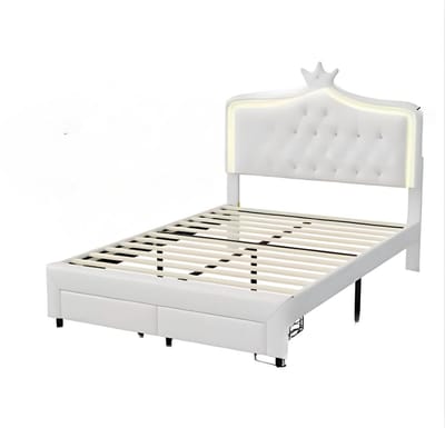 Kinderbed Fioren voor meisjes - 140x200cm - Gestoffeerd bed met 2 lades - LED-verlichting en rugleuning - Lattenbodem - Twijfelaar