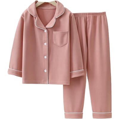 [VIISEN] Kinderpyjama 2-delige Set, Voorzijde Open Lange Mouwen Loungewear, Effen All-Season Slaapkleding voor Meisjes Jongens Kinderen (Roze/Lange Mouw, 150) brown