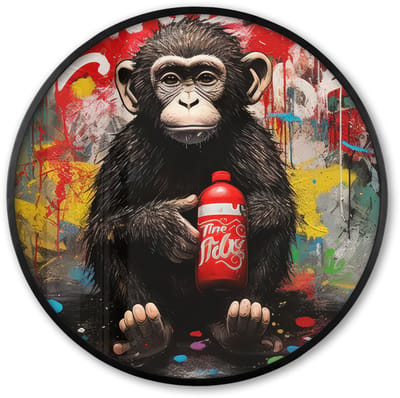 Poster in lijst Rond - Fotolijst 60x60 cm - Posters - Aap - Graffiti - Dieren - Kunst - Flesje - Kleuren - Ronde posterlijst zwart - Decoratie - Wanddecoratie woonkamer - Muurdecoratie slaapkamer