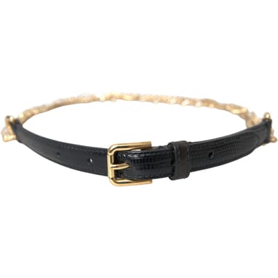 Dolce & Gabbana Zwarte Leren Gouden Ketting Kristallen Taille Damesriem
