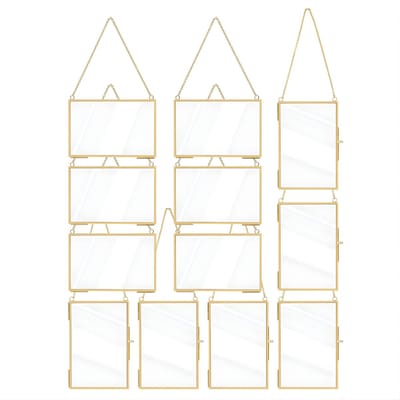 12-delige Glazen Fotolijst Set – Messing Hangende Frames met Ketting – Voor Gedroogde Bloemen en Planten Display – Goud