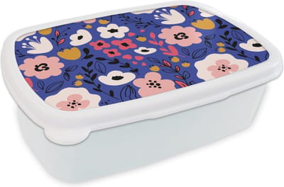 Broodtrommel Wit - Lunchbox - Brooddoos - Bloemen - Bladeren - Patronen - 18x12x6 cm - Volwassenen
